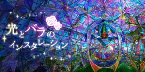 日本最大級のあかりのアート展を開催する「日本あかり博」とアート集団「ミラーボーラー」がコラボレーションし、ガラス張りの大温室に直径６ｍのインスタレーション作品を展示します。国宝「姫路城」や万博記念公園「太陽の塔」を背景にした作品など、数々の大舞台を沸かせてきたインスタレーションアート集団「ミラーボーラー」制作の本作品は、直径６ｍのドームの中にバラを配した高さ２.４ｍの卵型のコアオブジェが配され、中央にはバラのモチーフが添えられています。ハロウィンナイト開催時は好評のライトアップも実施いたします。